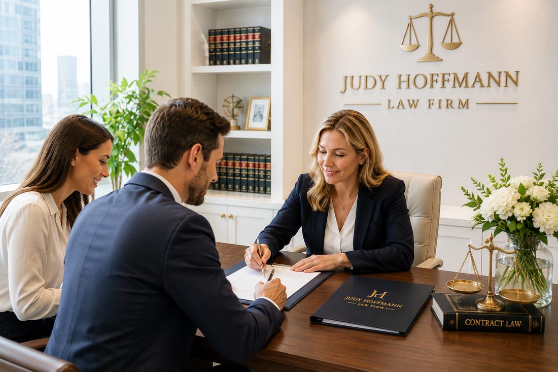 Judy Hoffmann meeting with clients at Hoffmann Law Firm
